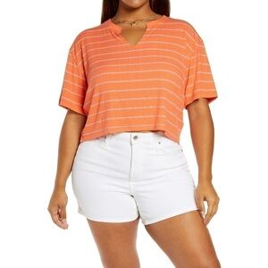 NWT BP. Deep-V Ribbed T-Shirt, Size 3X in Coral Bella Stripe
